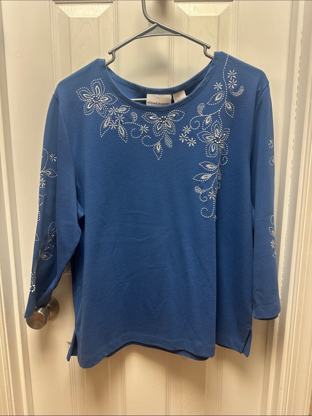Alfred Dunner Blue Embroidered Floral Crewneck Long Sleeve Top